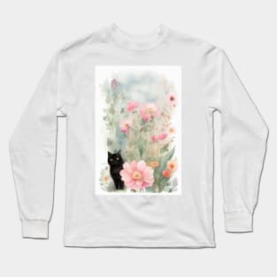 Black Cat  in the Flower Garden Soft Pastel Colours Long Sleeve T-Shirt